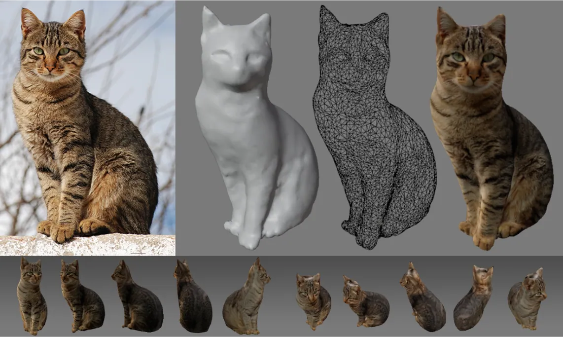 고양이 사진 한 장에서 3D 모델과 다양한 각도의 합성 이미지를 생성한 예시
