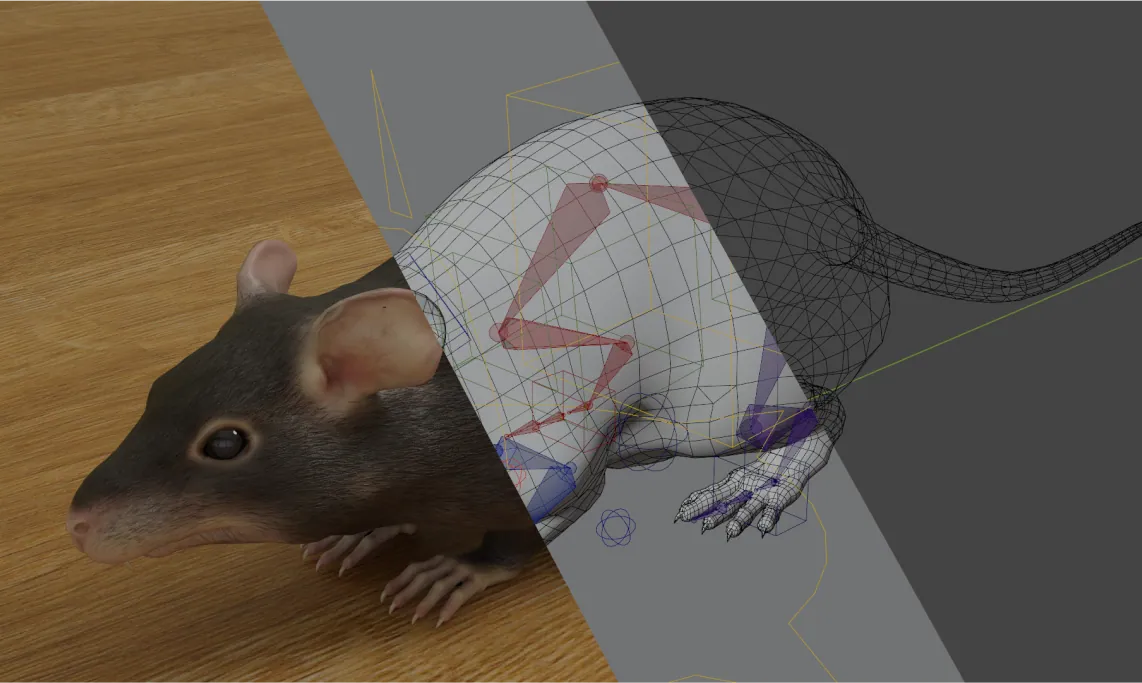 쥐의 3D 모델과 골격 리그로 동물 행동을 표현한 합성데이터 예시