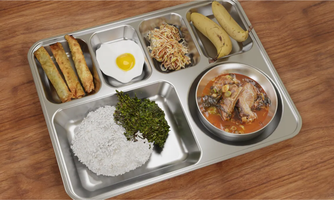 급식 식판에 담긴 밥·국·반찬을 촬영한 식단 모니터링 합성데이터 예시